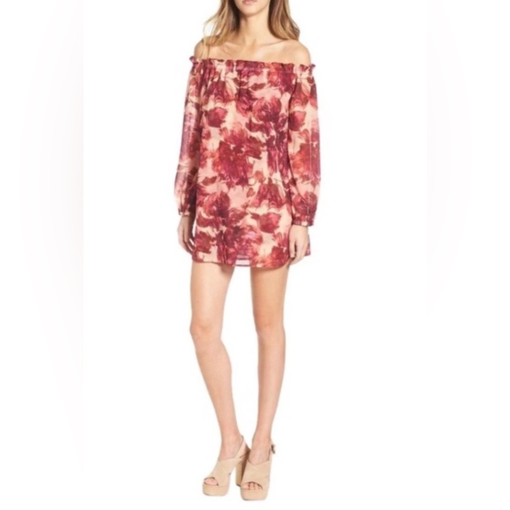For Love And Lemons Sicily Wild Rose Off the Shoulder Mini Dress Long Sleeve XS